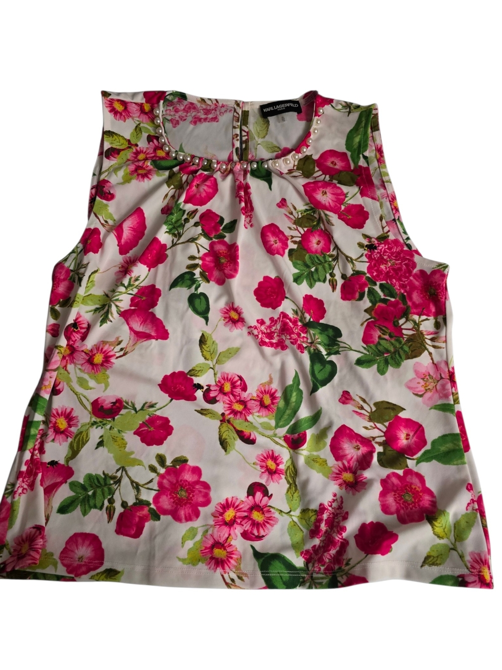 Karl Lagerfeld White Camisole with Pink Floral Print and Pearl Trim